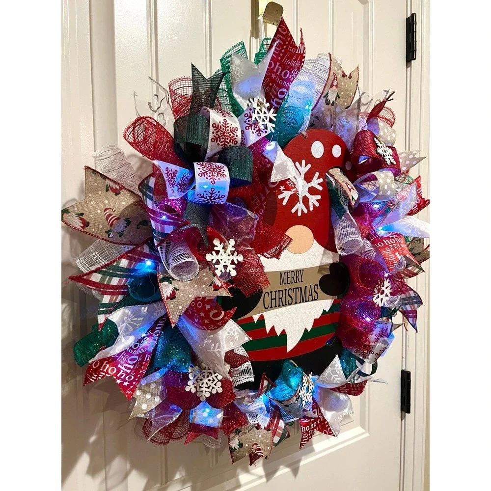 Christmas Snowflake Gnome Holiday Ribbon Door Wreath Handmade 22 ins LED W9